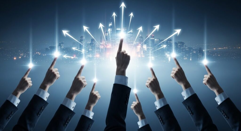 「アドバンテスト株価の今後の見通し」をテーマにした挿絵。複数の専門家の手が、霧のかかった未来の都市に向かって、力強い上向きの矢印を放っており、強気な将来予測を象徴している。