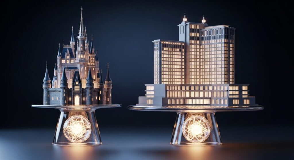 「ファンタジースプリングス効果は本物か?オリエンタルランドの現在の事業ファンダメンタルズ分析」をテーマにした挿絵。テーマパークとホテル事業を象徴する輝く結晶体の土台が、企業の揺るぎない強さを示している。