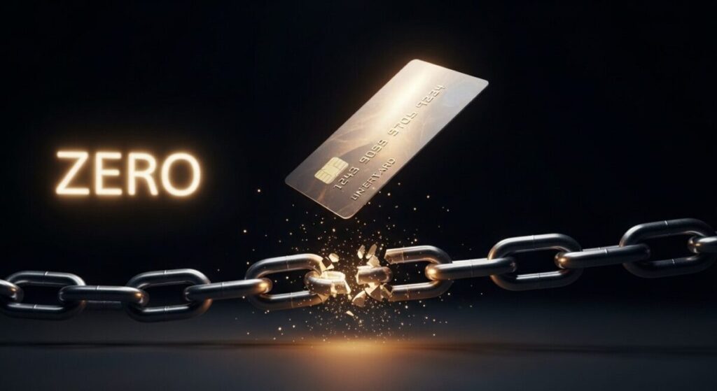 「分割手数料を0円にする裏ワザ」をテーマにした挿絵。重い鎖が魔法のように断ち切られ、輝くクレジットカードが浮かび上がっており、手数料からの解放を象徴している。