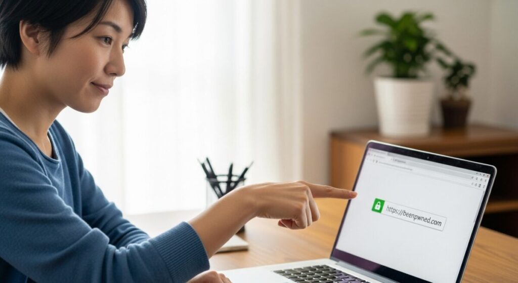 「Have I Been P-wnedの安全な使い方」をテーマにした挿絵。日本人ユーザーが自宅のデスクで、ノートパソコンのブラウザ画面を指差し、公式サイトのURLと鍵マークを確認している。