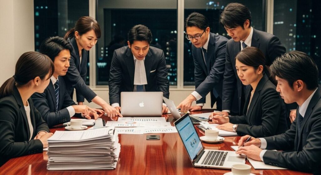 「監査法人と第三者委員会の役割」をテーマにした挿絵。深夜の会議室で、弁護士や会計士といった専門家チームが、山積みの書類やPCのデータを前に、鋭い表情で議論を交わしている。