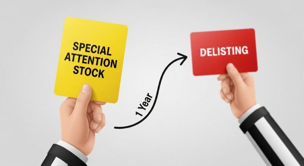 「特別注意銘柄とは何か?」をテーマにした挿絵。審判の手が「特別注意銘柄」と書かれたイエローカードを提示し、その奥に「上場廃止」と書かれたレッドカードが置かれ、状況の深刻さを示している。