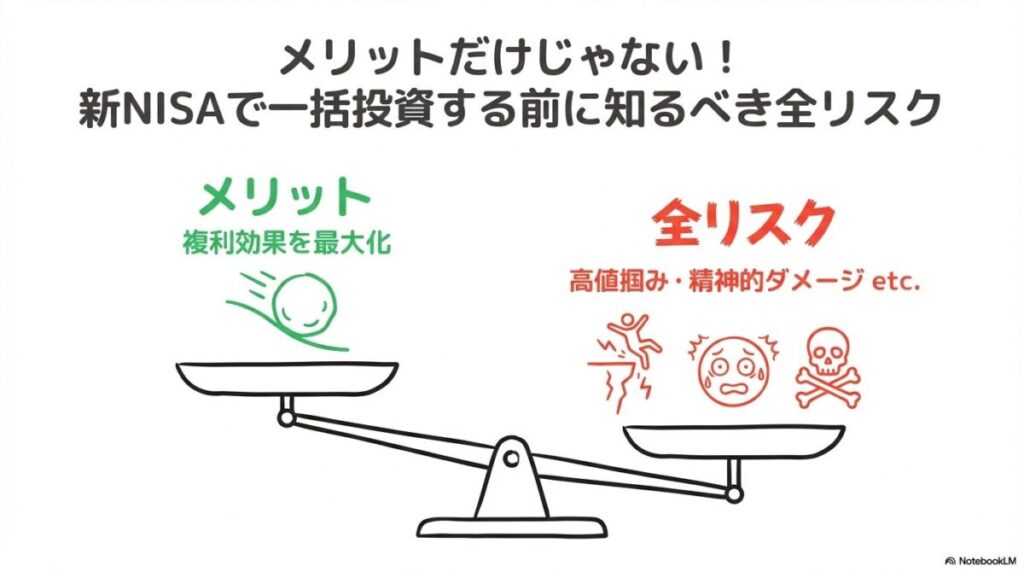 「メリットだけじゃない！新NISAで一括投資する前に知るべき全リスク」をテーマにした挿絵。複利で増える雪だるま（メリット）の影に、高値掴みや暴落時の狼狽売りという大きな「落とし穴」が描かれ、さらにNISA特有の「損益通算不可」というルールを警告アイコンで強調している。