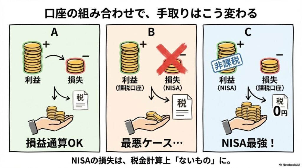 「新NISAで損益通算できないと、手取りはいくら変わる?【3パターンで徹底比較】」をテーマにした挿絵。特定口座のみの場合と、NISAで損失が出た場合の税負担の差、および最終的に手元に残る金額のシミュレーションを比較したイメージです。
