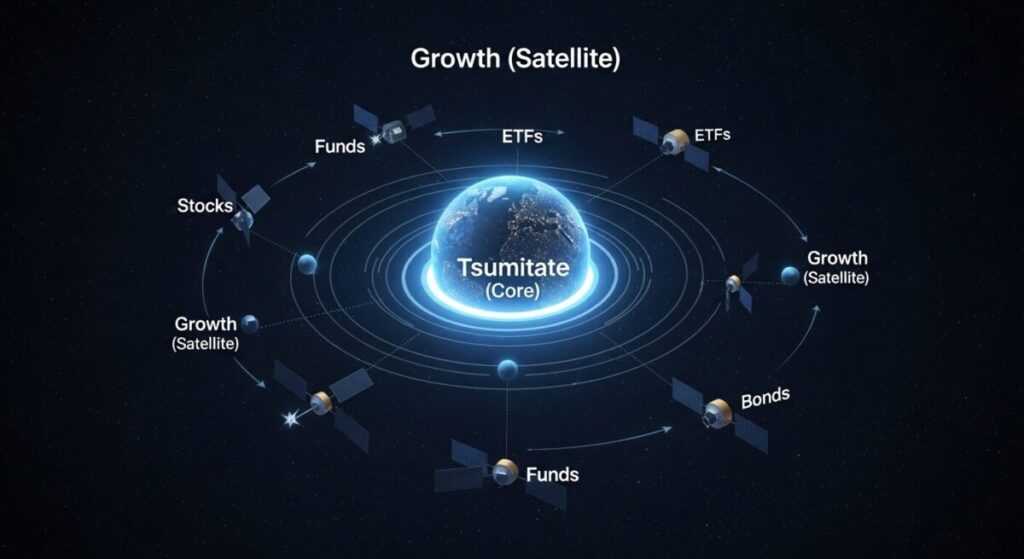 「つみたて投資枠と成長投資枠の併用戦略」をテーマにした挿絵。中心に「つみたて投資枠」という安定した惑星(コア)があり、その周りを「成長投資枠」という複数の衛星(サテライト)が回っているインフォグラフィック。