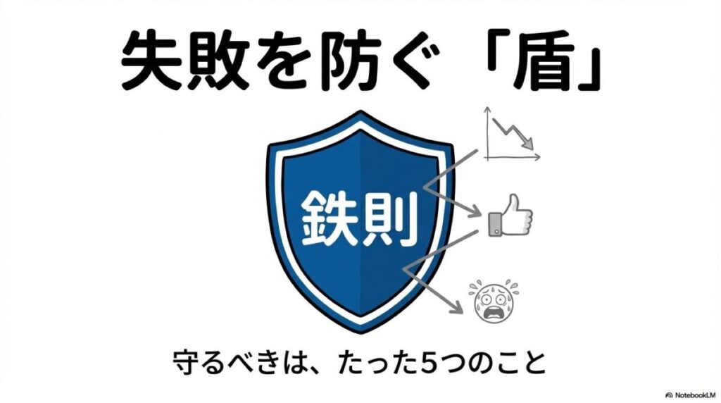 「【実践】今日から始める！新NISAの失敗を回避するための５つの鉄則」をテーマにした挿絵。長期・積立・分散という投資の王道を守り、生活防衛資金を確保しながら、市場のノイズに惑わされず着実に資産を築く様子を描いたイメージ。