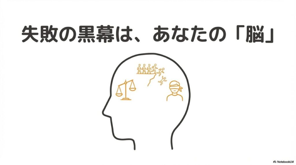 「あなたもハマる？新NISAの失敗に繋がる3つの心理的な罠」をテーマにした挿絵。プロスペクト理論や同調バイアス、過剰自信効果など、合理的な判断を妨げる人間の本能的な心理メカニズムを概念的に描いたイメージ。