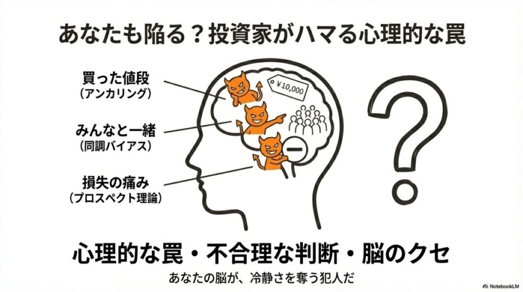 「あなたも陥る?新NISAの暴落時に投資家がハマる心理的な罠」をテーマにした挿絵。損失の痛みを過大評価する「プロスペクト理論」や、周囲に流される「同調バイアス」など、投資家の合理的な判断を狂わせる4つの心理的な罠をアイコン化した図解。