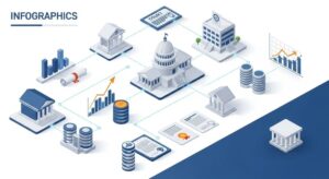 政府機関や金融機関、公式データを象徴するアイコンが連なるインフォグラフィック。正確性と信頼性を視覚的に表現したデザイン。