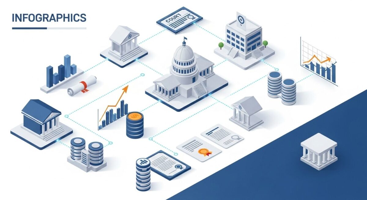 政府機関や金融機関、公式データを象徴するアイコンが連なるインフォグラフィック。正確性と信頼性を視覚的に表現したデザイン。