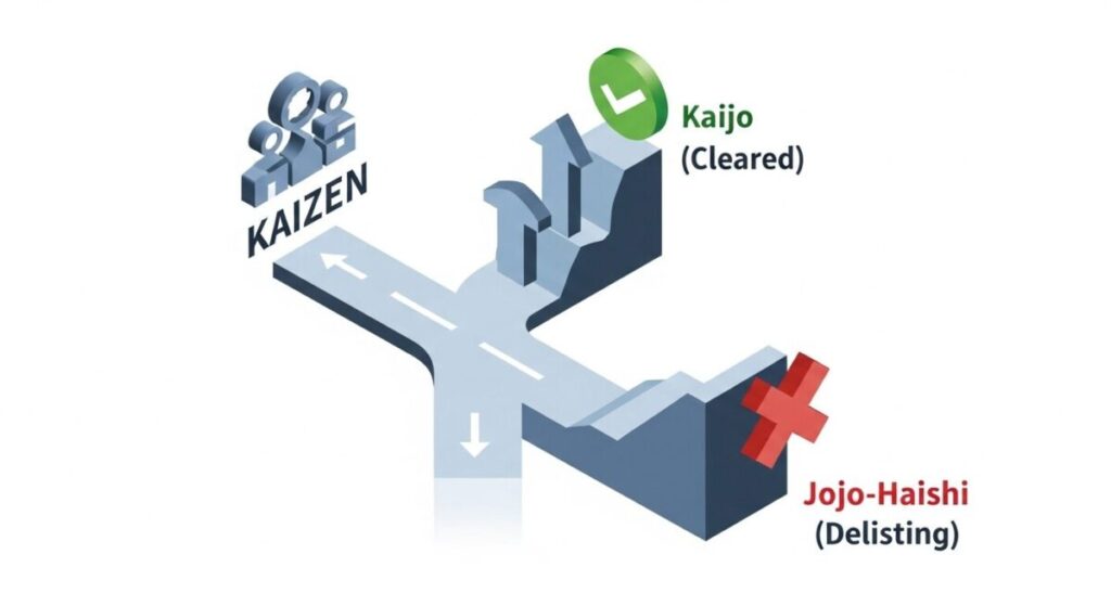 「特別注意銘柄に指定された後の流れ」をテーマにした挿絵。分かれ道があり、上り坂の道は「指定解除」へ、下り坂の道は「上場廃止」へと続き、企業の運命の分岐点を示している。