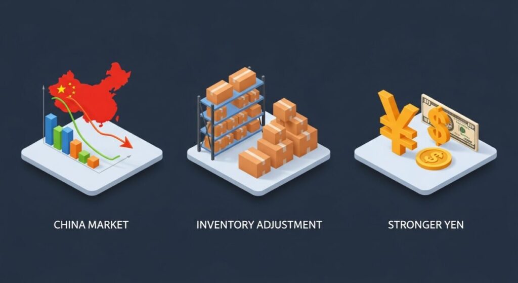 「ソシオネクストの業績を悪化させた3つの深刻な理由」をテーマにした挿絵。「中国市場」「在庫調整」「為替」を象徴する3つのアイコンが並んでおり、業績悪化の要因を分かりやすく図解している。