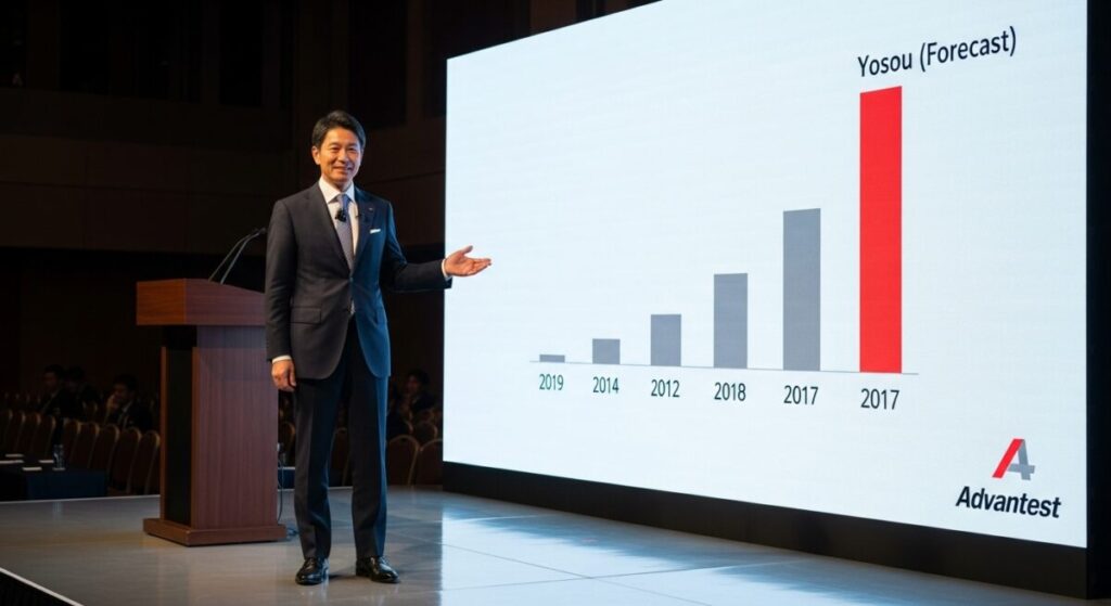 「アドバンテストの株主還元策」をテーマにした挿絵。企業の役員と思われる日本人男性が、株主総会でプレゼンテーションを行っており、スクリーンには増配を示す右肩上がりの配当金グラフが表示されている。