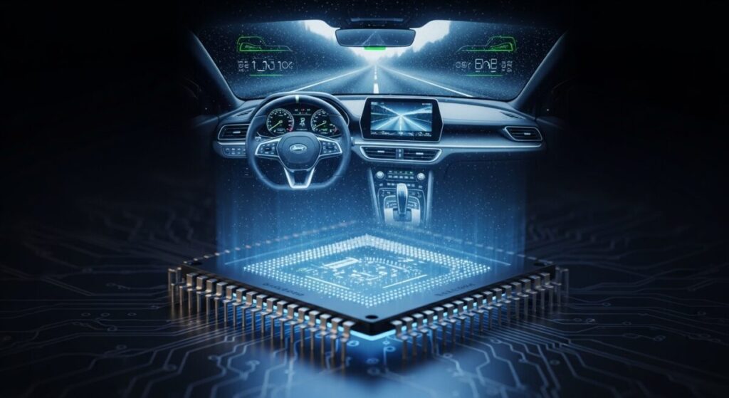 「ソシオネクストの将来性を占う車載向け事業」をテーマにした挿絵。一枚の半導体チップから未来的な自動運転車のコックピットがホログラムとして投影されており、同社の技術が持つ将来性を象徴している。