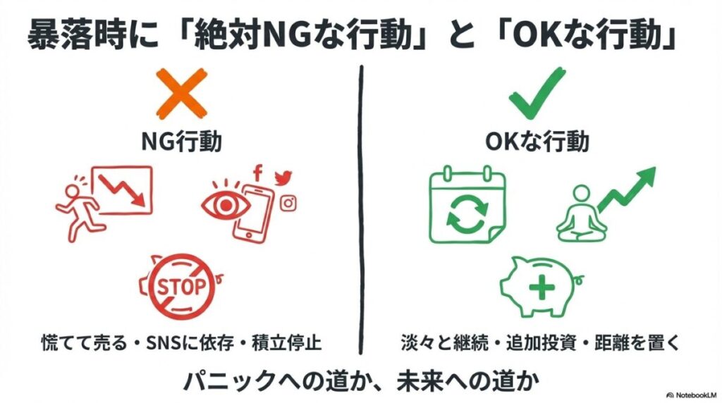 「新NISAの暴落時に「絶対やってはいけない行動」と「取るべき行動」」をテーマにした挿絵。狼狽売りやSNSへの過剰反応という「禁止事項」と、積立継続やログイン頻度を減らすといった「推奨される科学的プロセス」を対比させ、冷静な対応を促すデザイン。