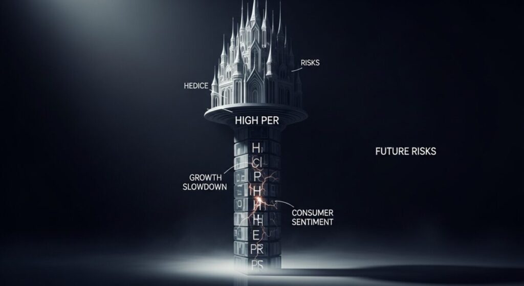 「オリエンタルランド株価の今後の懸念材料とは?市場が警戒するリスク要因」をテーマにした挿絵。高く積み上げられた不安定なガラスのブロックの上に城が乗っており、割高感や成長鈍化などのリスクを象徴している。