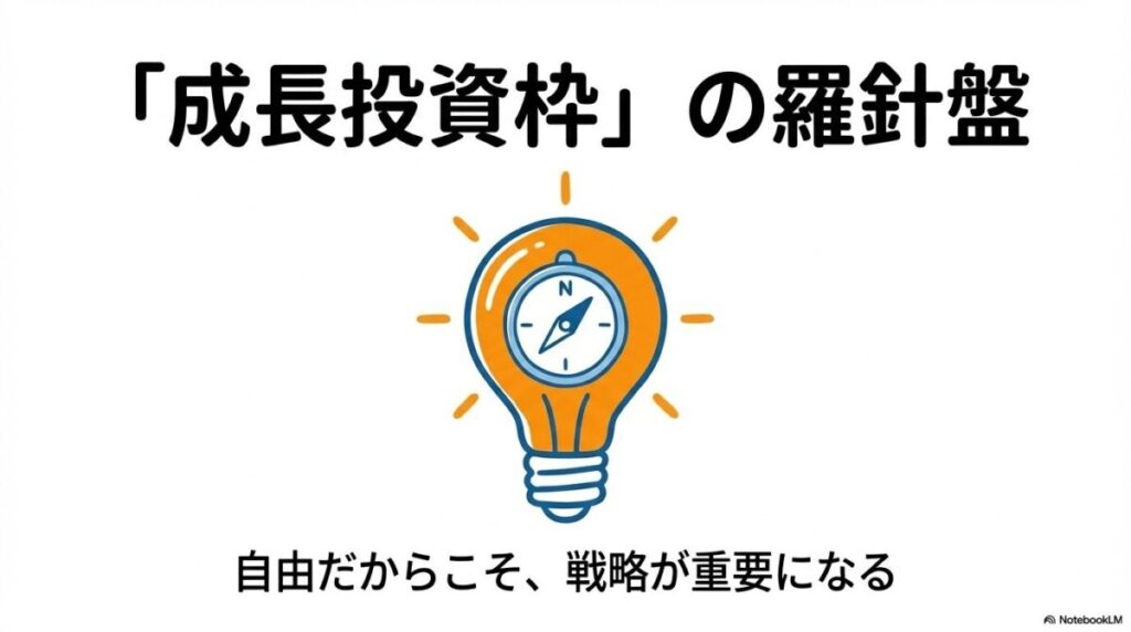 「【深掘り】新NISAの失敗リスクが高い「成長投資枠」の賢い使い方」をテーマにした挿絵。初心者は成長投資枠でもインデックス投資を軸にし、中級者はサテライトとして個別株を組み合わせるなど、リスクを抑えたポートフォリオのバランスを表現したイメージ。