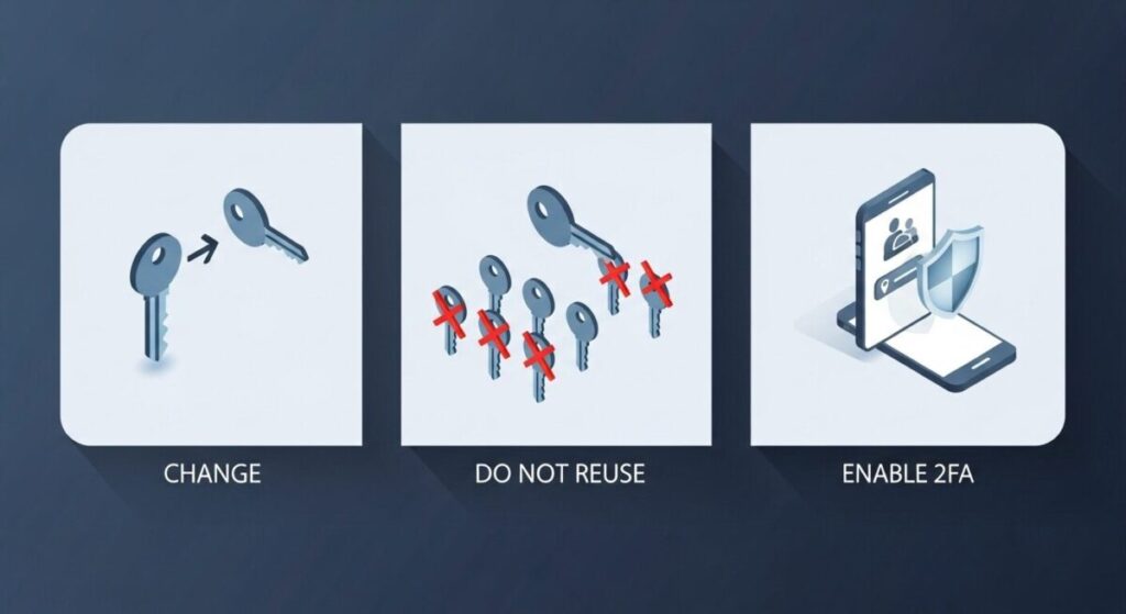 「p-wnedと出た時の対処法」をテーマにした挿絵。「パスワード変更」「使い回しNG」「2段階認証」という3つのステップが、それぞれを象徴するアイコンと共に示されたインフォグラフィック。