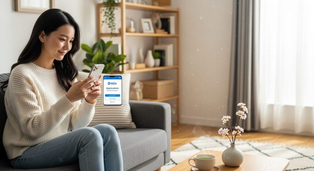 「つみたて投資枠を始める3つのステップ」をテーマにした挿絵。若い日本人女性が、自宅のソファでくつろぎながらスマートフォンを操作し、NISAの積立設定画面を笑顔でタップしている。