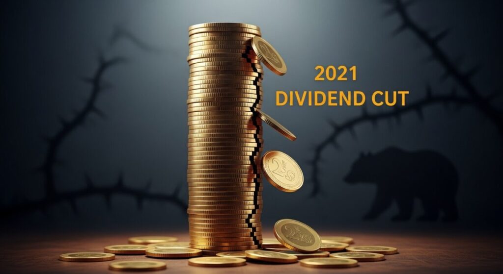 「忘れてはいけないJTの配当リスク」をテーマにした挿絵。高く積まれた金貨の塔の一部が崩れ落ち、ひびが入っており、過去の「減配ショック」や事業に潜む潜在的なリスクを象徴している。