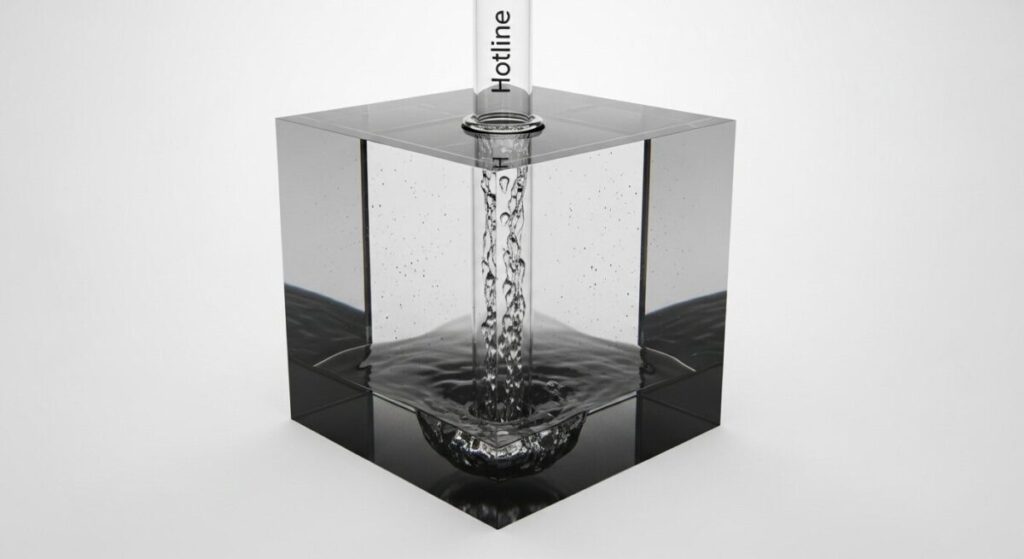 「二度と不正を起こさないための教訓」をテーマにした挿絵。濁った水で満たされたガラスの箱に、一本の透明な管から清らかな水が注がれ、全体が浄化されていく様子が、健全な組織再生を象徴している。