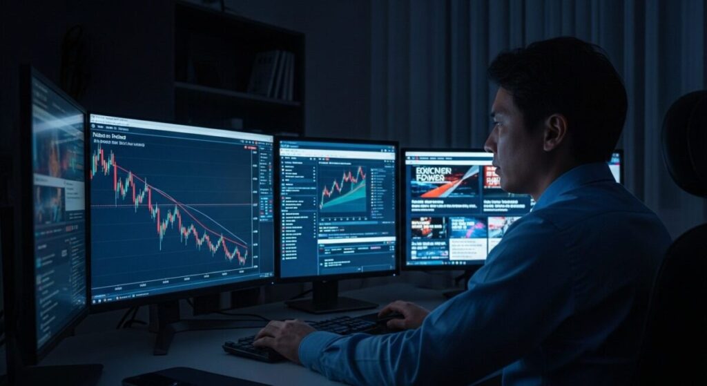 「ニデックの株価と投資家の取るべき行動」をテーマにした挿絵。夜の書斎で、日本人投資家が複数のモニターに表示されたニデックの株価チャートやニュースを前に、深く考え込んでいる。