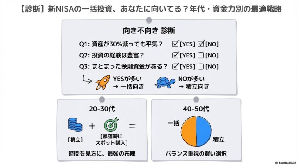 「【診断】新NISAの一括投資、あなたに向いてる？年代・資金力別の最適戦略」をテーマにした挿絵。チェックリストを持つ投資家が、年齢（20代〜50代）や資金状況（余剰資金、退職金）に応じた「積立＋スポット購入」や「時間分散」などの最適な投資ルートを選択している様子を描いた分岐図。