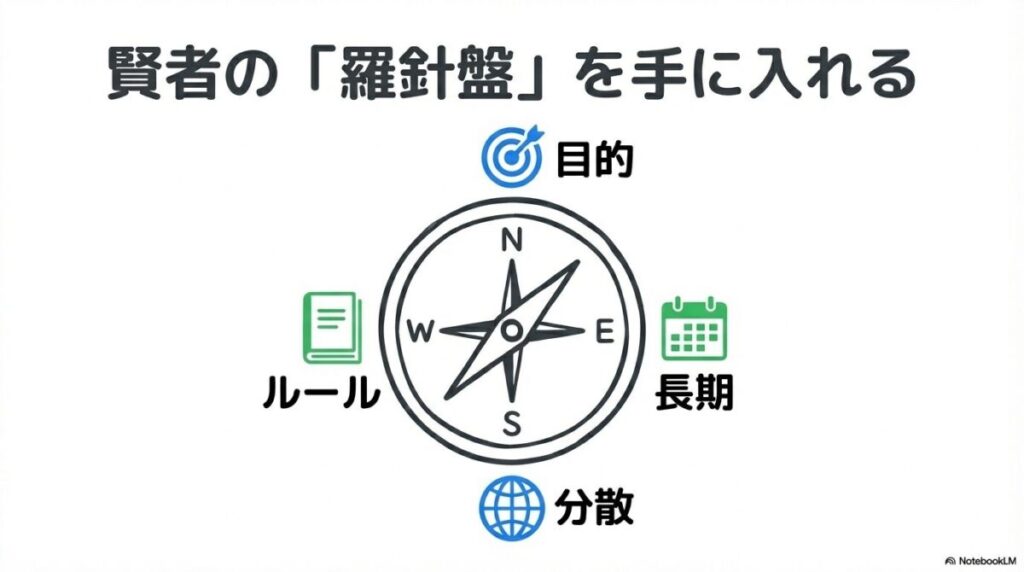 「もう繰り返さない！新NISAの失敗を未然に防ぐための具体的な対策」をテーマにした挿絵。投資目的の書き出しやリスク許容度の把握、インデックスファンドによる分散投資など、失敗を回避するための強固な資産形成戦略を表現したイメージ。