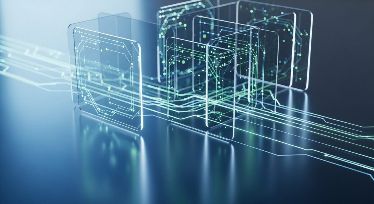 ガラスのシールドと青い光のラインでデータ保護を象徴した抽象的イメージ。個人情報の安全性と透明性を表現している。