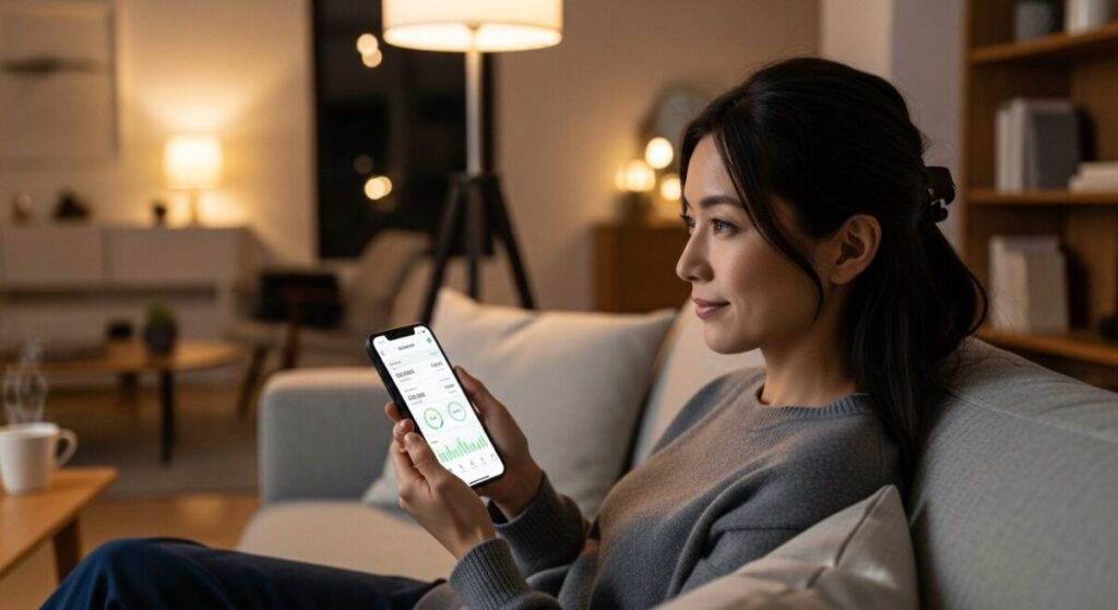 「分割払いの賢い使い方と注意点」をテーマにした挿絵。夜、自宅のソファでリラックスしながら、日本人女性がスマートフォンのクレジットカードアプリを操作し、賢く支払い計画を立てている。