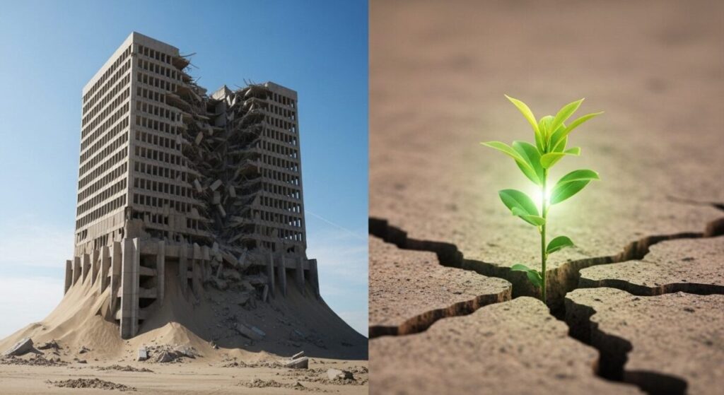 「特別注意銘柄の末路」をテーマにした挿絵。左側には崩れ落ちる古いビルが、右側にはひび割れた大地から金の若木が芽生えており、企業の失敗と成功の対照的な運命を象徴している。