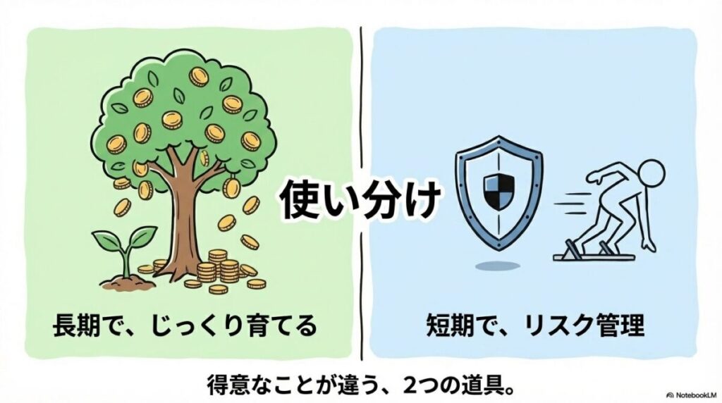 「新NISAと特定口座、どう使い分ける?損益通算のデメリットを乗りこなす戦略」をテーマにした挿絵。長期・安定成長を狙う資金はNISAへ、短期売買やハイリスク投資は損益通算ができる特定口座へといった、リスク管理に基づいた賢い使い分け戦略を表現したイメージです。