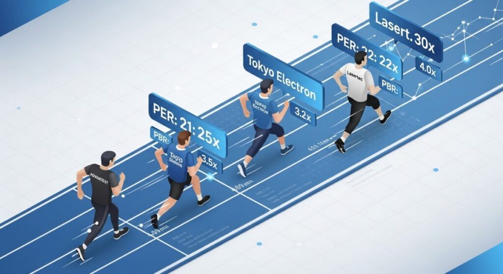 「アドバンテストの競合比較」をテーマにした挿絵。陸上トラックを複数のランナーが走っており、それぞれのユニフォームに企業名とPERなどの指標が書かれ、競合との相対的な位置関係を示している。