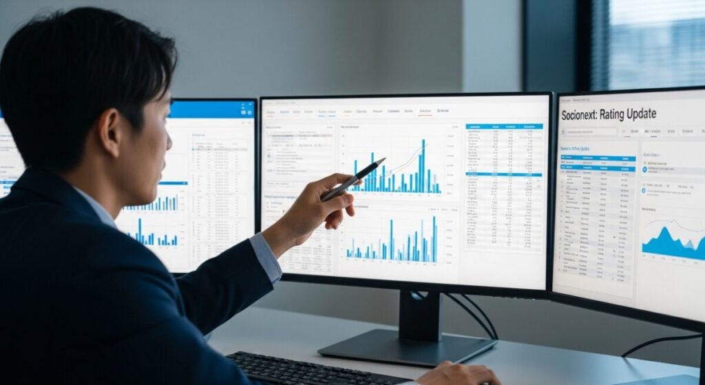 「専門家はどう見る?ソシオネクストへの最新レーティング」をテーマにした挿絵。日本人アナリストがオフィスで株価データやチャートを真剣に分析しており、専門家による客観的な評価の様子を描いている。