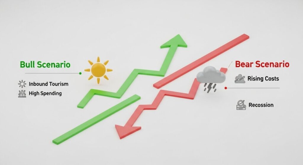 「オリエンタルランド株価の今後の見通し【強気・弱気シナリオ】」をテーマにした挿絵。道が二つに分かれ、上昇する強気シナリオと下降する弱気シナリオのそれぞれの未来を対比して示している。