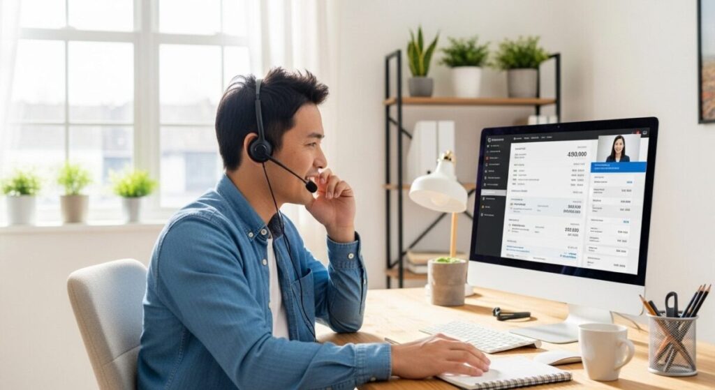 「クレジットカード分割手数料に関するよくある質問」をテーマにした挿絵。自宅のデスクで、日本人男性がヘッドセットをつけてパソコンを見ながら、カード会社のサポートセンターと話し、疑問が解決して安心した表情を浮かべている。