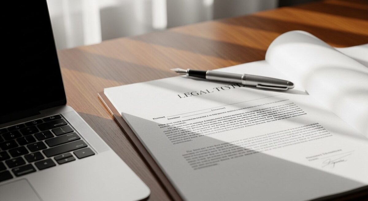 木目のデスクに置かれた契約書と万年筆。自然光に照らされた落ち着いた雰囲気で、責任と信頼を象徴するイメージ。