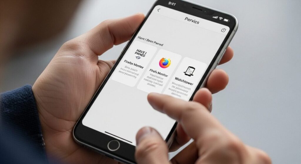 「他の情報漏洩確認サービスとの比較」をテーマにした挿絵。ユーザーがスマートフォンを手に持ち、画面上で「Have I Been P-wned」「Firefox Monitor」「1Password」の3つのサービスのロゴと特徴を比較検討している。