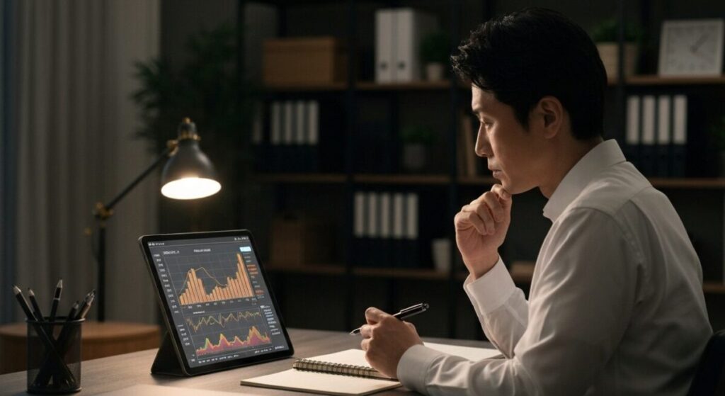 「金価格の下落局面で、今どう動くべきか?」をテーマにした挿絵。日本人投資家がモダンな書斎で、タブレットに表示された金価格のチャートを冷静に見つめ、次の投資戦略を考えている。
