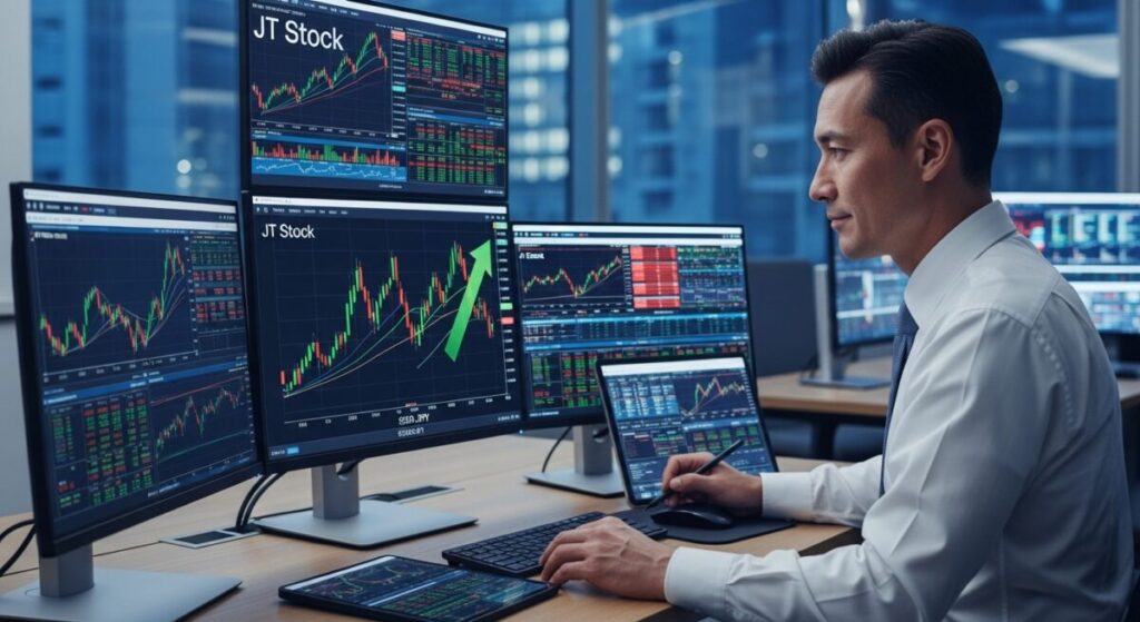 「JT株価の今後の見通しは?」をテーマにした挿絵。プロの証券アナリストがJTの株価データを分析し、ポジティブな将来見通しを示している様子が描かれている。
