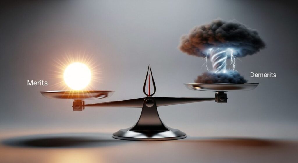 「つみたて投資枠のメリット・デメリット」をテーマにした挿絵。美しい天秤の片方には輝く太陽が、もう片方には嵐を呼ぶ黒い雲が乗っており、投資の利益とリスクを象徴している。