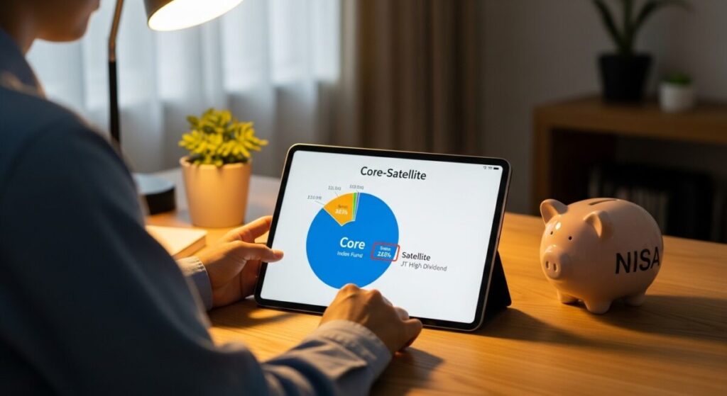 「新NISAでJT株はアリ?ポートフォリオでの賢い活用法」をテーマにした挿絵。個人投資家がタブレットで自身の資産ポートフォリオを確認しており、JTの高配当株を賢く活用している様子をイメージさせる。