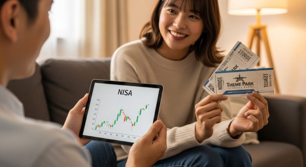 「長期投資家向け:オリエンタルランドの株主優待の魅力を再評価」をテーマにした挿絵。日本人夫婦が自宅でリラックスしながら、投資と株主優待のパークチケットという両方の価値を享受している様子。