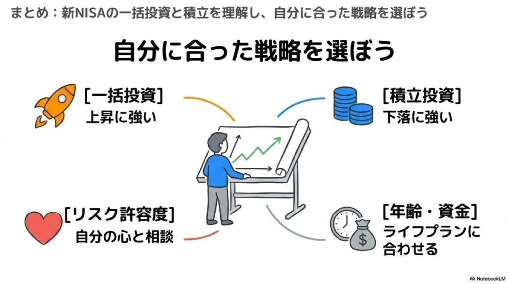 「まとめ：新NISAの一括投資と積立を理解し、自分に合った戦略を選ぼう」をテーマにした挿絵。一括投資と積立投資の特性を理解した投資家が、自分自身のリスク許容度という羅針盤を手に、長期的な資産形成の海へ自信を持って漕ぎ出すイメージ。