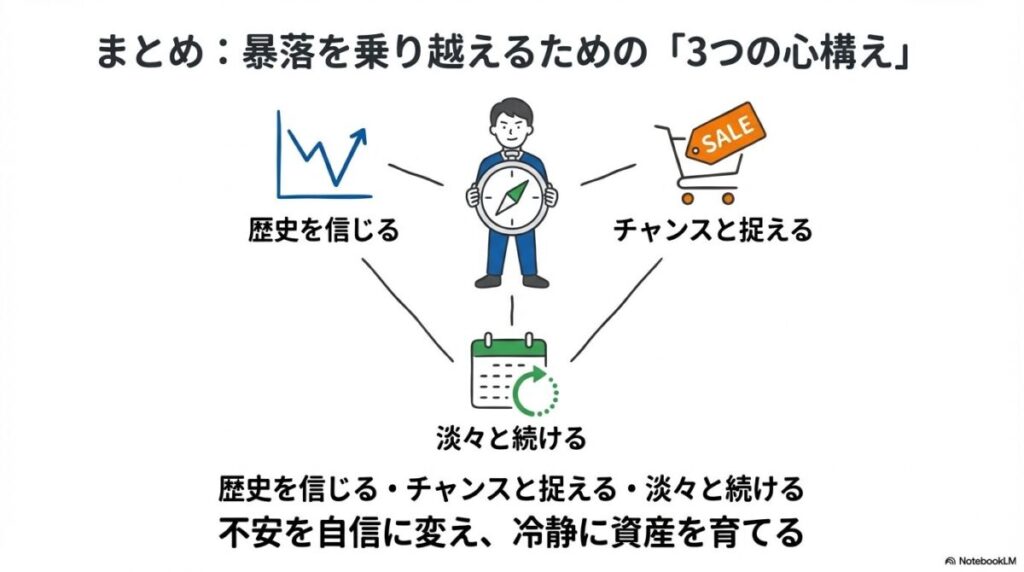 「まとめ:新NISAの暴落を乗り越え、資産を守るための心構え」をテーマにした挿絵。暴落は一時的な嵐に過ぎないことを理解した投資家が、長期投資という名の頑丈な傘を差し、将来の資産成長(晴れ間)に向かって揺るぎない足取りで進む様子。