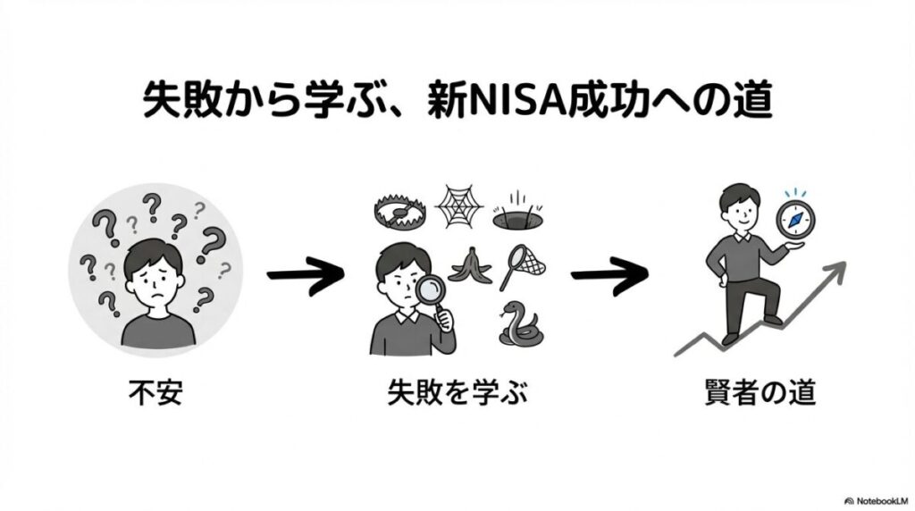 「まとめ：新NISAの失敗事例から学び、賢い投資家へ」をテーマにした挿絵。失敗を学びの糧とし、情報に惑わされず、長期・積立・分散の原則を守って着実に歩みを進める賢明な投資家の姿を描いたイメージ。
