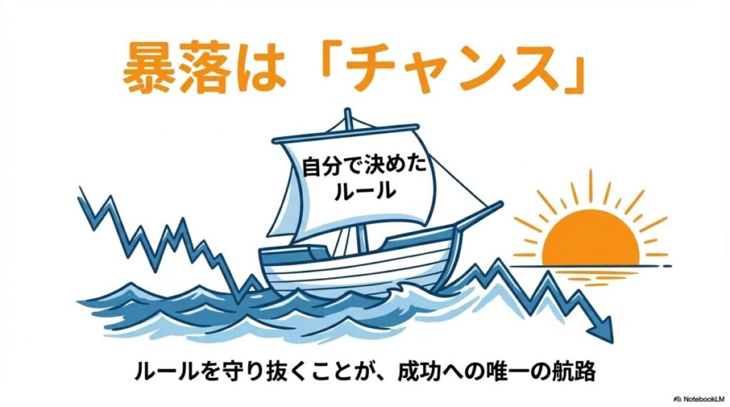 「まとめ：新NISAで失敗しないために、今日からあなたが心に刻むべきこと」をテーマにした挿絵。一時的な暴落をチャンスと捉え、自分で決めたルールに従って淡々と運用を継続する、揺るぎない投資マインドを象徴するイメージ。