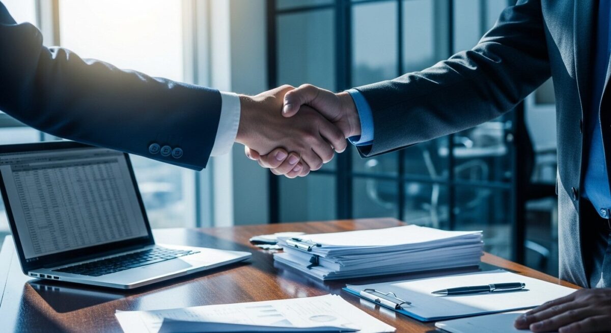 オフィスデスク越しに握手を交わすビジネスパートナーの手元。誠実な取引と信頼関係を表現したリアリスティックなシーン。