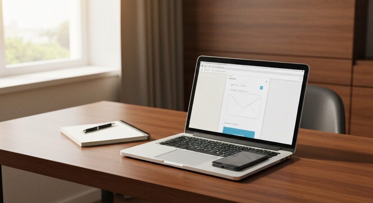 ノートパソコンにメール画面が開かれ、スマートフォンとメモ帳が並ぶデスクの写真。自然光が差し込み、誠実で落ち着いた雰囲気を表現したイメージ。