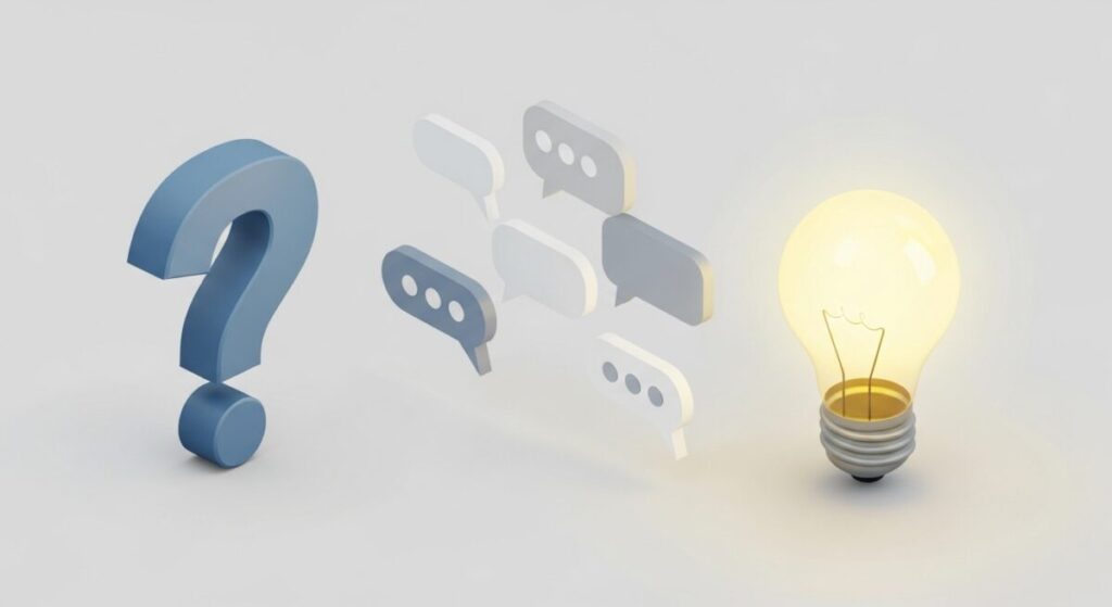 「オリエンタルランド株価に関するよくある質問」をテーマにした挿絵。クエスチョンマークとアンサーを示すアイコンが並び、投資家の疑問が解消される様子をシンプルに表現している。